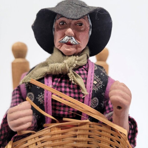 Santos Clay Man Figurine Basket Weaving Sitting Chair Made in France Repairs - Picture 2 of 6